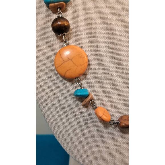 Howlite Stone in Orange, Blue and Beige w/ Brown Beads Necklace - Picture 5 of 6